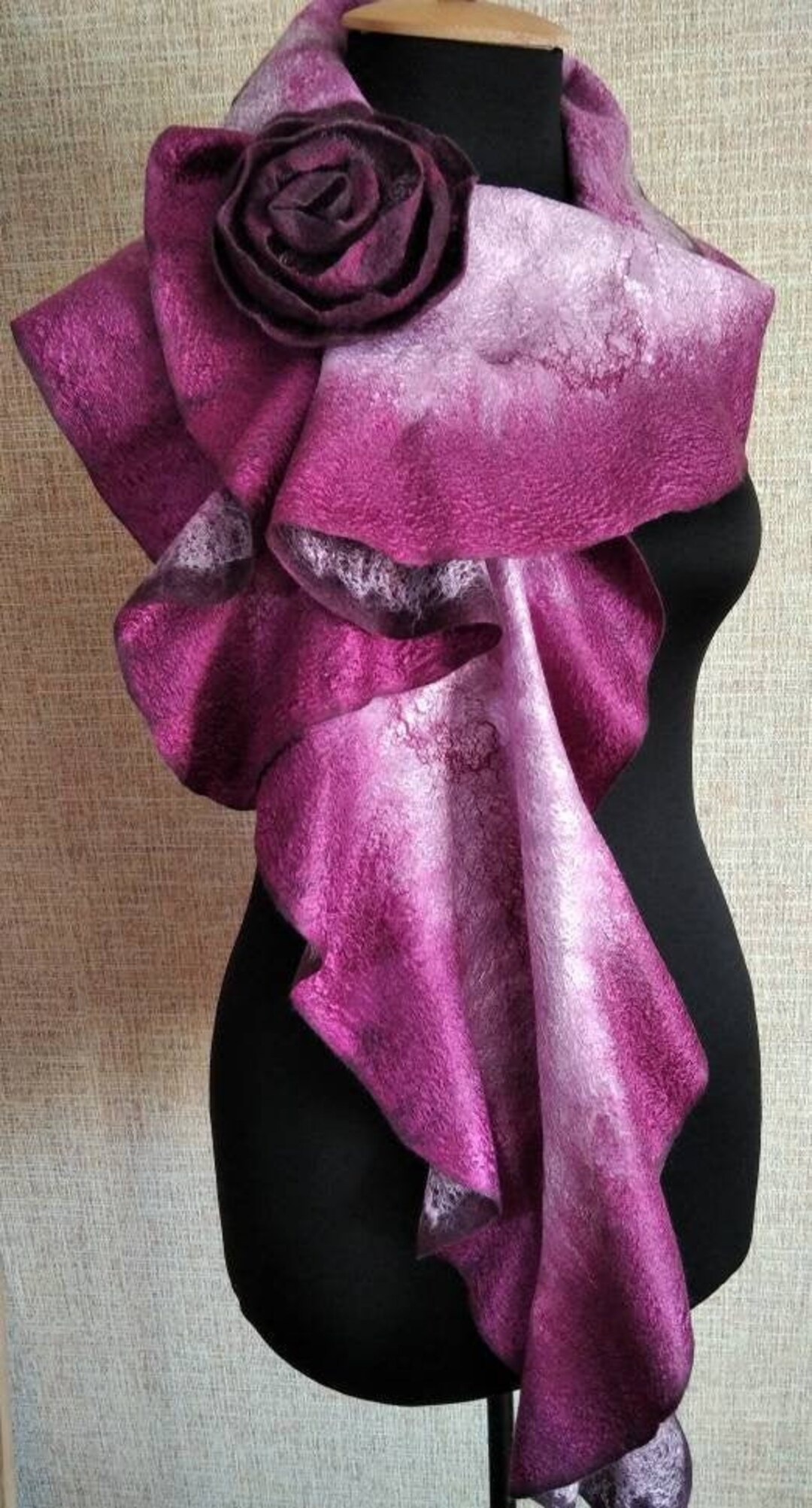 Sculptural Ruffle Pattern Violet Sculptural Ruffle Scarf, Felt Statement Shawl, Botanical Textile ...