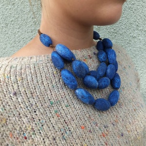 Royal Blue Chunky Felted Bead Necklace: Handmade Wool Statement Jewelry