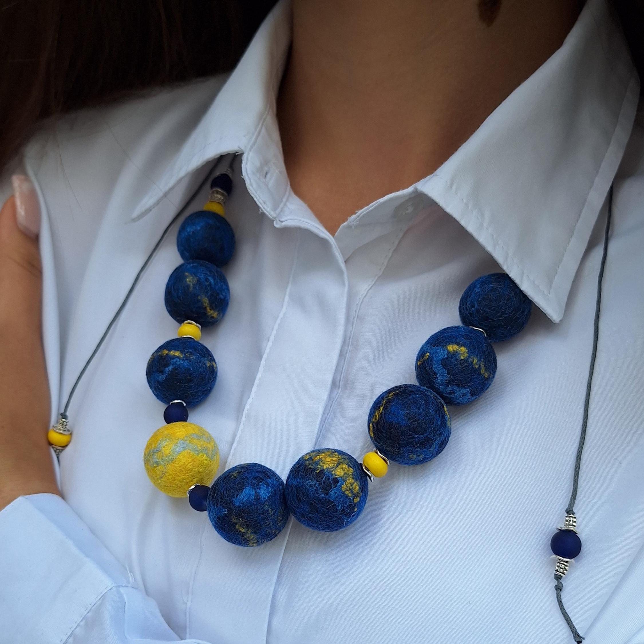 Blue and Yellow Felt Ball Necklace – Ukrainian Colors Jewelry – Adjustable Necklace – Eco Friendly Gift for Her – Felt necklace