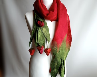 Red Tulip Statement Scarf, Botanical Wearable Art, Floral Shawl