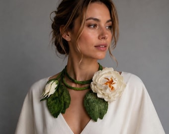 White Water Lily Lariat Necklace, Botanical Collar Jewelry, Wearable Fiber Art, Statement Floral Necklace
