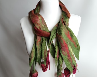 Green Merino Wool Scarf with 3D Burgundy Tulips, Botanical Wearable Art