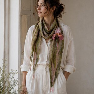 Pinkish Green Felted Merino Scarf with Iris Flower Brooch – Handmade Wool Designer Accessory image 2