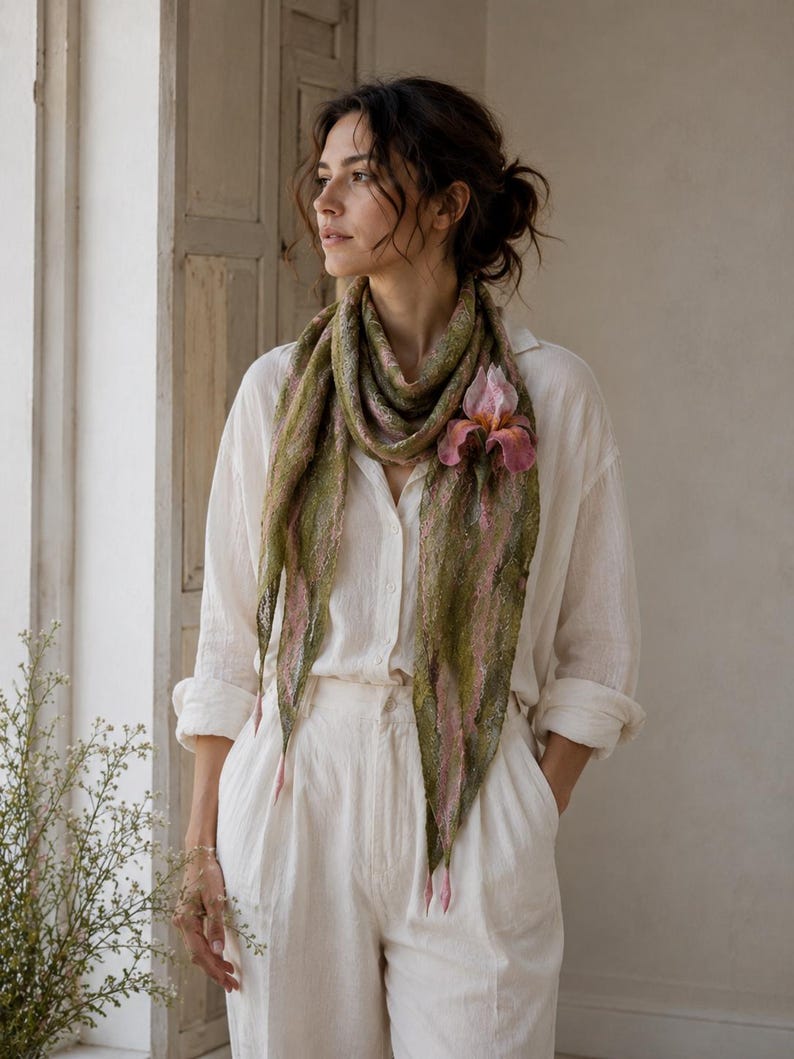 Pinkish Green Felted Merino Scarf with Iris Flower Brooch – Handmade Wool Designer Accessory image 2
