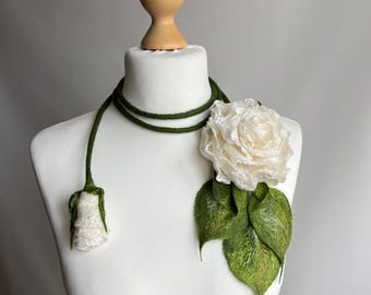 White Rose Lariat, Botanical Wearable Art, Statement Floral Necklace, Detachable Rose Brooch, Bridal Accessory
