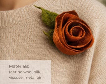 Cinnamon Felt Rose Brooch, Wool Flower Pin, Small Handmade Coat Pin, Autumn Floral Accessory
