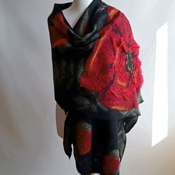 Red poppy nuno felted scarf handmade Silk felt shawl Red poppy scarf Large felt flowers brooch Party felt scarf and wrap Wool felt merino