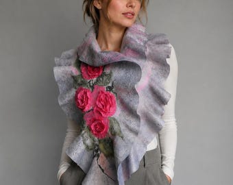 Gray Felted Merino Wool Scarf: Hand-Painted Silk Roses Shawl