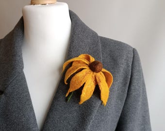 Handmade Felt Black-Eyed Susan Brooch: Eco Wool Floral Pin