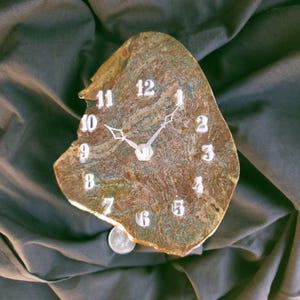 May include: A unique, handcrafted clock with a natural stone face. The clock features a brown, tan, and green marbled pattern, white numerals, and silver hands. The clock is approximately 8 inches wide.