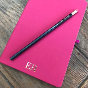 Personalised Pink A5 Notebook, Hot Pink Monogram Journal, Personalised Lined Notebook with Gold Foil Initials, Present,