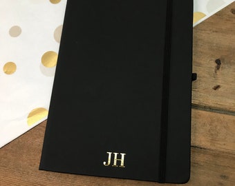 Personalised Black A5 Notebook, Black Monogram Journal, Personalised Lined Notebook with Gold Foil Initials, Christmas Present,