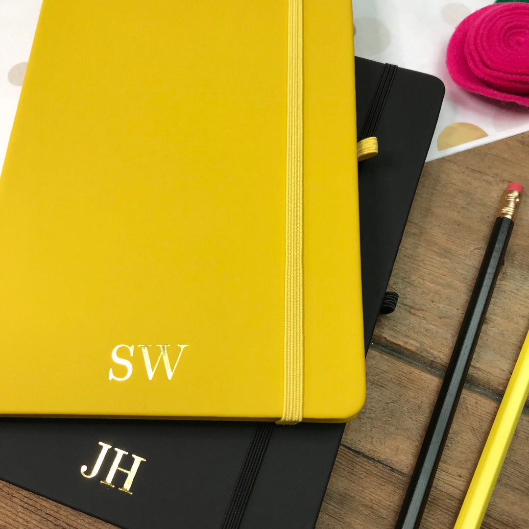 Personalised Yellow A5 Notebook, Yellow Monogram Journal, Personalised Lined Notebook With Gold