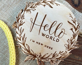 Hello World birth announcement photo prop wooden floral baby arrival sign