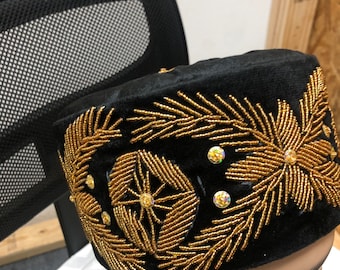 Adebo Black & Gold Embroidered African Hat And Sash - 70 Inch, 100% Cotton, Made In Nigeria