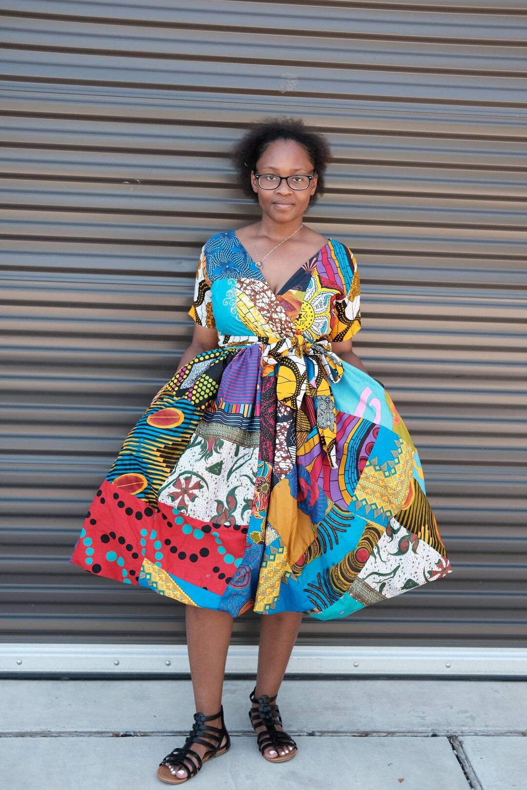 Ankara Dress African Women Dress Pleated Waist Patches Dress