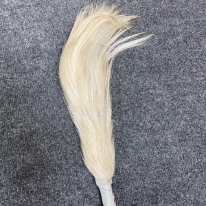 Può includere: Un acchiappamosche a coda di cavallo color crema con un manico bianco e una chiusura in metallo. La frusta è fatta di peli lunghi e fluenti ed è attaccata a un cinturino di cuoio bianco.