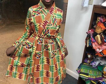 African clothing for kids/girls Ankara/kente long sleeves knee length multi color wrapping dress African dress African party dress.