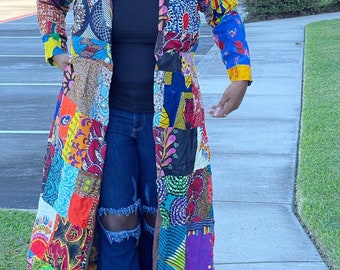 African clothing for women long sleeve long maxi Dress African Ankara patches long kimono jacket is African attire African  party dress