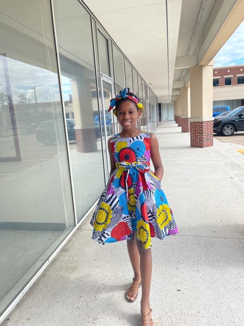 African clothing kids/girls Ankara kente print dashiki dress with headband African fashion African wear party dress African attire image 3