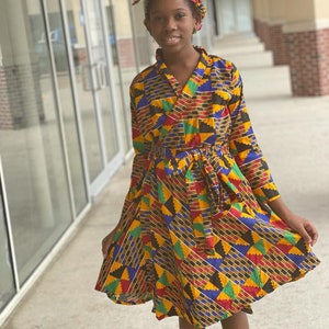 African clothing for kids/girls Ankara/kente long sleeves multi color wrapping dress African children clothing African party dress.