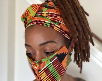 African print matching set of Face mask and hairwrap 100% cotton reusable, washable african print face mask