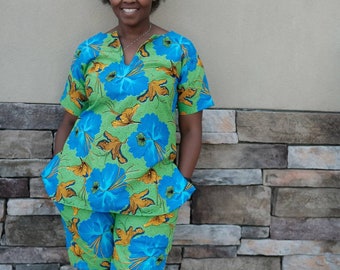 Ankara top and pants women ankara 2 pcs set of tunic top and high waist fitted short pants pant African print fashion African clothing
