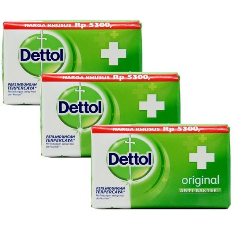 May include: Three rectangular bars of Dettol soap in green and white packaging. Each bar features the Dettol logo with a sword icon, a white cross, and the text "HARGA KHUSUS Rp 5300," "PERLINDUNGAN TERPERCAYA," and "original ANTI-BAKTERI" printed on them.
