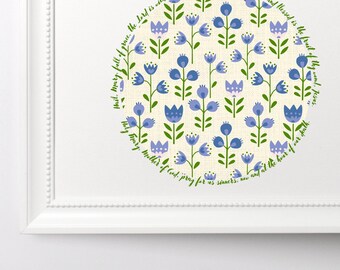 Hail Mary Prayer, Blue Folk Pattern Floral Artwork Printable