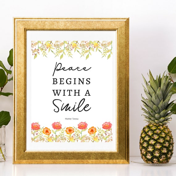 Mother Teresa Quote Peace Begins With A Smile Catholic Saint | Etsy