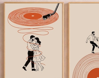 Set of 3 Couple Dancing Wall Art – Romantic Vinyl Record Line Art, Printable Valentine 3-Panel Wall Decor