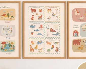 Animal Habitats Educational Poster Set | Montessori Preschool Learning | Scandinavian Nursery Decor | Kids Science Wall Art Playroom Prints