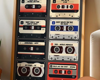 Custom Retro Cassette Tape Wall Art | Personalized Favorite Songs | Vintage Music Decor | Unique Gift for Music Lovers Home Décor
