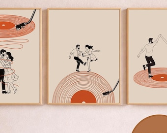 Set of 3 Couple Dancing Wall Art Prints – Romantic Vinyl Record Line Art, 3 Panel Love Poster, Anniversary Gift, Modern Home Decor, Printed