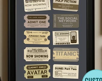 Custom Retro Movie Ticket Wall Art Digital Download with Movie Logo | Personalized Vintage Cinema Art Home Theater Birthday Anniversary Gift