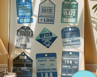 Custom Blue Travel Tag Poster Digital Download | Personalized Airport Wall Art | Aviation Plane Decor | Travel Memory Gift for Couples