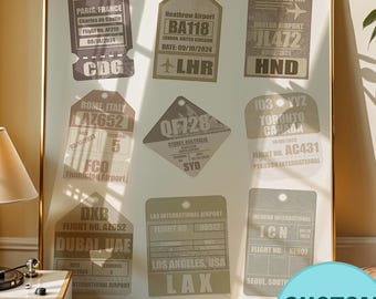 Custom Beige Travel Tag Poster Digital Download | Personalized Airport Wall Couples Art | Aviation Plane Decor | Trendy Travel Memory Gift