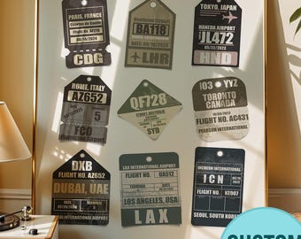 Custom Black Retro Travel Tag Poster Digital Download | Personalized Airport Couples Wall | Aviation Plane Decor | Trendy Travel Memory Gift