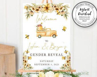 May include: A gender reveal party sign with a yellow and white floral design. The sign says "Welcome to Laken & Bryce's Gender Reveal, Saturday September 4, 2021".