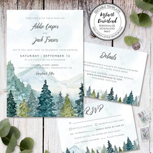 Mountains & Pines Wedding Invitation Set (Editable Templates), w107