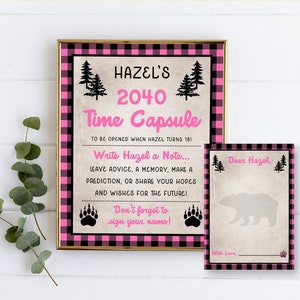 Wild ONE Time Capsule Sign and Card, Editable Template, First Birthday Wishes, 1st Birthday Poster, Pink and Black Buffalo Plaid, BP102