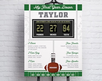 Milestone Sign, Editable Template, Football First Year Stats, Baby’s First Year Poster, First Year Down, Football Birthday Party Sign, BP103