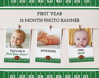 Football First Year Photo Banner, 12 Month Photo Banner, Monthly Picture Milestone Banner, First Birthday Boy, Football Party Decor, BP103