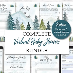 May include: A complete virtual baby shower bundle with a watercolor mountain and forest theme. The bundle includes printable games like "Baby Items Memory Game", "How Big is Mom's Bump", "Parent Trivia", "The Price is Right", "Baby Animal Names", "Predictions & Advice", and a virtual shower guide PDF.