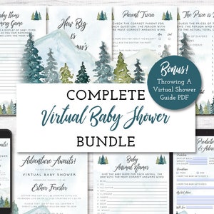 May include: A complete virtual baby shower bundle with a watercolor mountain and forest theme. The bundle includes games like "Baby Items Memory Game", "How Big is Mom's Bump", "Parent Trivia", "The Price is Right", "Baby Animal Names", "Predictions & Advice", and a guide for throwing a virtual shower.