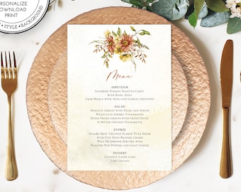 Fall Theme Wedding Menu Template, Menu Cards, Autumn Floral, Rustic Wedding, Editable Template, Instant Download, W105