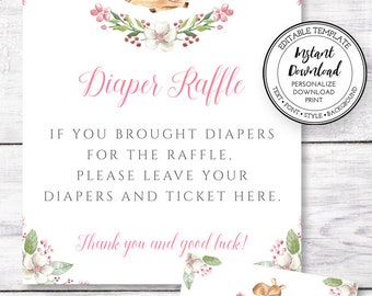 Diaper Raffle Card Bambi Baby Shower Diaper Insert Floral Fairy Garden Woodland Animal Enchanted Forest Glitter Fawn Deer Instant Download
