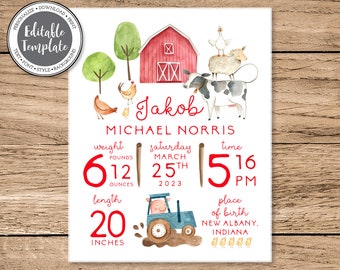 Birth Stats Sign: Barnyard Animals Farm Theme Nursery Wall Art | Editable Template