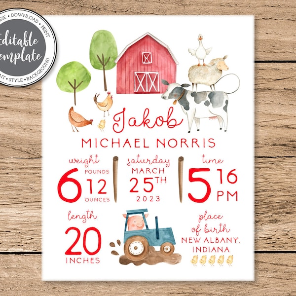 Birth Stats Sign, Farm Animals, Farm Theme Nursery Wall Art, Barnyard Nursery Art, Editable Template, Birth Announcement Sign, New Baby Gift