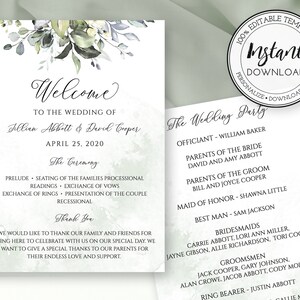 Puede incluir: Un programa de ceremonia de boda con un fondo de acuarela con hojas verdes y azules. El programa incluye los nombres de la novia y el novio, Jillian Abbott y David Cooper, la fecha de la boda, 25 de abril de 2020, y la fiesta de bodas.